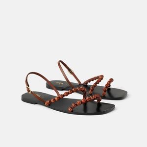 NWT Zara Flat Leather Beaded Sandals